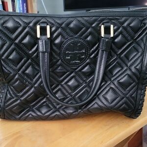 Tory Burch Black Quilted Satchel with Gold Accents